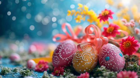 Pastel Easter eggs adorned with intricate designs, nestled among vibrant spring flowers. A festive...