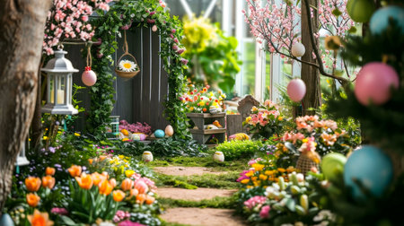 A picturesque Easter garden scene, bursting with colorful flowers and pastel eggs. A magical pathway leads through lush greenery.の写真素材