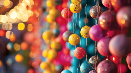 Close-up of colorful hanging ornaments, creating a festive and joyful atmosphere.の写真素材