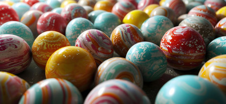 Close-up view of numerous vibrantly painted Easter eggs. The eggs display beautiful marble patterns...