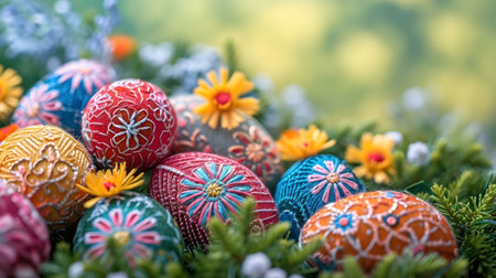Close-up of intricately decorated Easter eggs nestled in lush green foliage, showcasing vibrant colors and floral designs.の写真素材