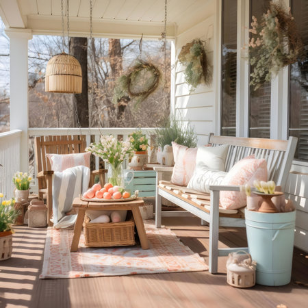 A serene spring porch with pastel colors, natural elements, and comfortable seating. Perfect for relaxation and enjoying the season.の写真素材