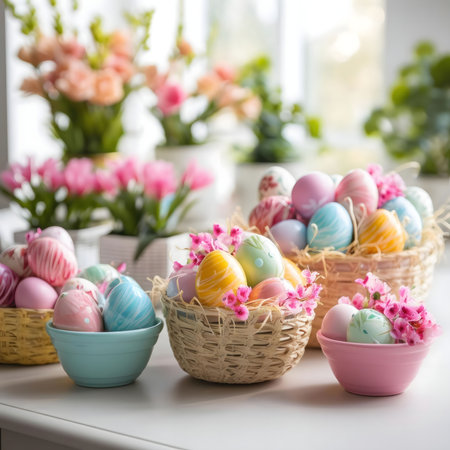 Pastel colored Easter eggs nestled in charming woven baskets, adorned with delicate spring flowers....