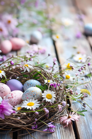 Pastel Easter eggs in a rustic bird nest surrounded by spring flowers. Perfect for Easter cards,...