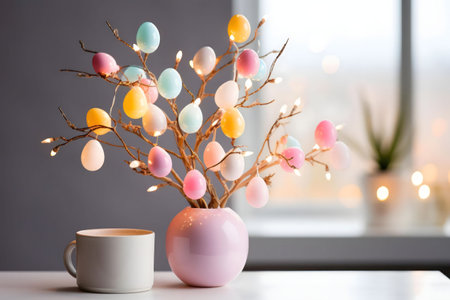 A charming pastel Easter egg tree with fairy lights in a pink vase. Perfect spring decoration.