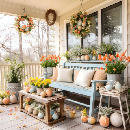 Pastel Easter decorations on a charming porch. Flowers, eggs, and a light blue bench create a serene atmosphere.の写真素材