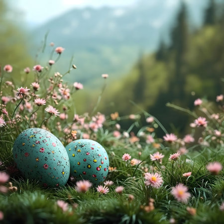 Two pastel-colored Easter eggs rest gently in a vibrant spring meadow. Delicate pink and white...