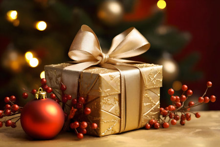 A golden gift box with a red Christmas ball and berries. Festive and elegant.