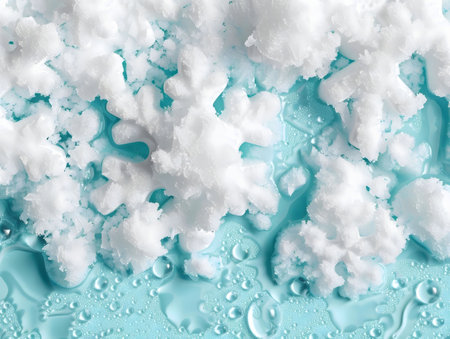 Macro shot of ice crystals on a teal background. The image displays the texture of ice in great detail.の写真素材