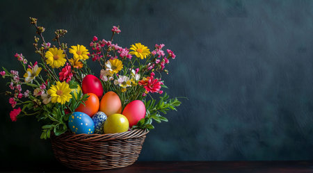 A delightful Easter arrangement featuring painted eggs nestled amongst a vibrant bouquet of spring...