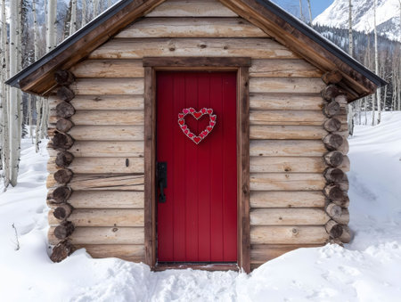 A charming log cabin nestled in a snowy mountain landscape. A red door with a heart wreath adds a romantic touch.の写真素材