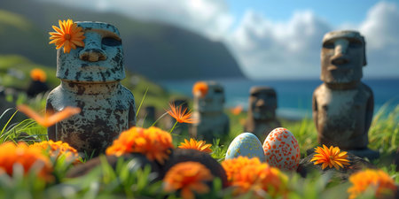 Easter Island Moai statues adorned with spring flowers and colorful Easter eggs. A unique blend of ancient history and festive cheer.の写真素材