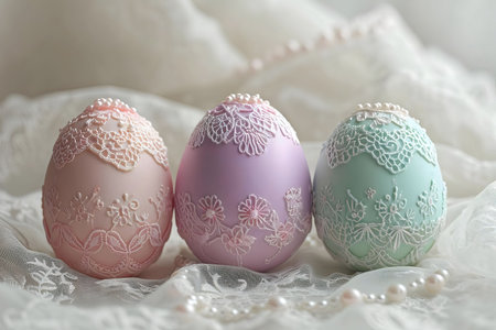 Three intricately designed pastel Easter eggs adorned with lace and pearls. A beautiful spring...