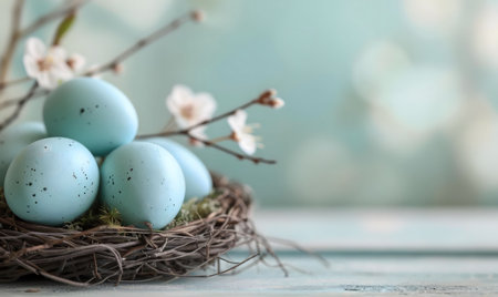 A charming image of pastel blue Easter eggs nestled in a bird's nest adorned with delicate spring blossoms.の写真素材