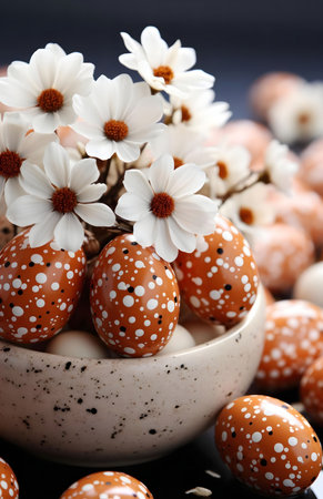 Close-up of speckled Easter eggs in a bowl with daisies. A spring holiday image.の写真素材