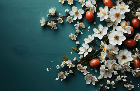 Beautiful arrangement featuring delicate white blossoms and red painted eggs against a teal backdrop.の写真素材
