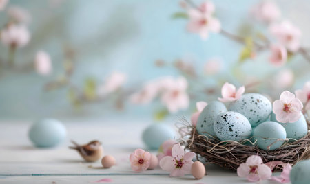 Pastel colored Easter eggs nestled in a bird's nest, surrounded by delicate pink spring blossoms. A serene and festive image.の写真素材