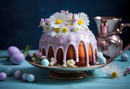 A delectable Easter cake adorned with lavender glaze and fresh daisies. Pastel-colored eggs add to...
