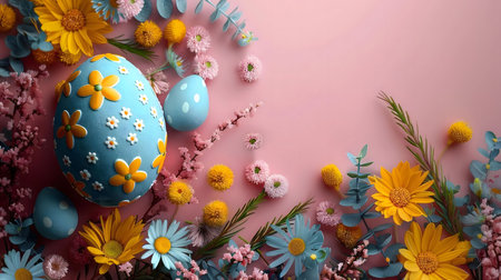 A beautifully decorated blue Easter egg amidst a vibrant array of pastel spring flowers. A festive...
