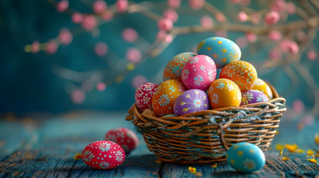 A charming wicker basket overflowing with vibrantly painted Easter eggs. A perfect springtime image.