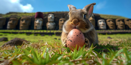 A cute bunny holds an Easter egg in front of the Moai statues of Easter Island. A unique Easter celebration.の写真素材