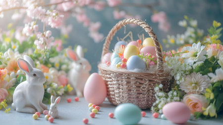 A delightful Easter scene featuring pastel-colored eggs, cute bunnies, and blooming spring flowers....