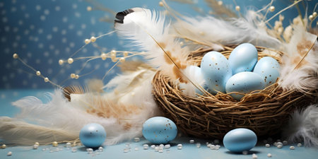 A delightful Easter image showcasing pastel blue eggs nestled in a bird's nest surrounded by soft...