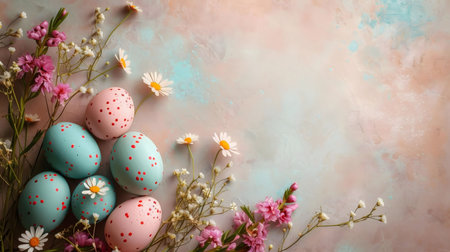 A delightful Easter scene with pastel eggs and beautiful spring flowers.