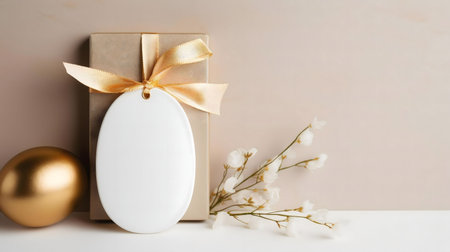 A stylish Easter mockup featuring a blank oval tag, a gold gift box, a golden sphere and delicate flowers. Perfect for branding.の写真素材