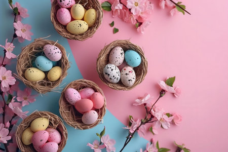 Pastel Easter eggs nestled in miniature nests, adorned with delicate pink blossoms. A delightful...