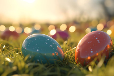 Two speckled Easter eggs nestled in a sun-drenched meadow, representing spring's vibrant spirit.の写真素材