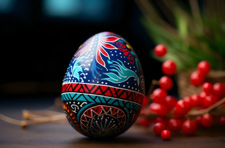 A beautifully hand-painted Easter egg, vibrant colors, rests near red berries.の写真素材