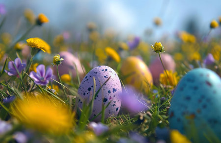 Pastel Easter eggs nestled among vibrant wildflowers in a sun-drenched meadow.