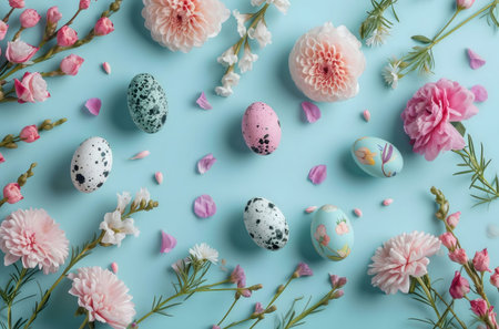 Pastel-colored Easter eggs nestled among delicate pink and white flowers. A springtime celebration