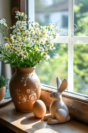 A sunny spring scene with daisies in a vase, a ceramic bunny, and an egg on a window sill.