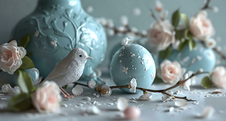 A peaceful Easter scene featuring a white bird, pastel-colored eggs and roses.