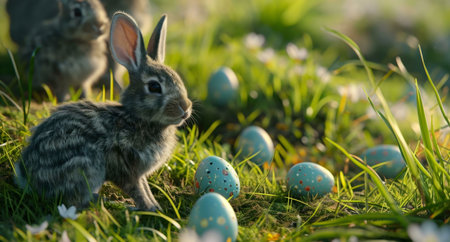 A charming image of a baby bunny amongst pastel Easter eggs scattered in a vibrant green meadow.