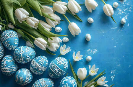 A vibrant Easter image featuring blue decorated eggs and a bouquet of white tulips arranged on a...