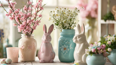 Pastel Easter decorations featuring ceramic bunnies, delicate flowers in mason jars, creating a...
