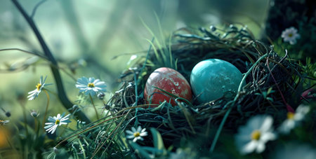 Two vibrant Easter eggs rest in a cozy bird's nest, surrounded by delicate daisies in a serene...