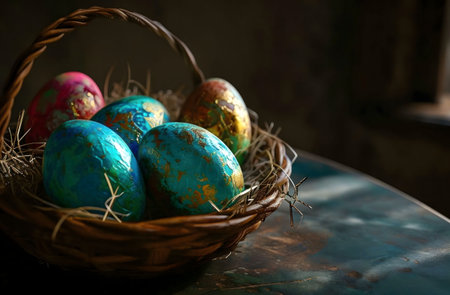 Five beautifully decorated Easter eggs sit in a rustic wicker basket. The eggs are painted in shades...