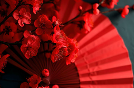 Close-up of vibrant red plum blossoms artfully arranged with a traditional red folding fan, symbolizing Asian culture and festive celebrations.の写真素材