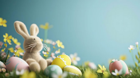 A fluffy bunny sits amidst colorful Easter eggs and flowers. A perfect springtime scene.