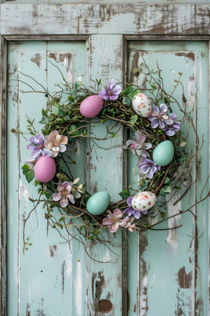 A charming pastel Easter wreath adorned with delicate flowers and eggs hangs on a rustic, painted...
