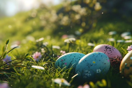 Close-up of decorated Easter eggs nestled in a vibrant spring meadow.