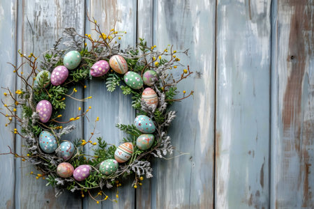 A charming Easter wreath adorned with pastel eggs and spring blooms, hanging against a rustic wooden...