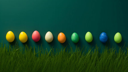 Nine colorful Easter eggs arranged on a bed of green grass against a dark green background.