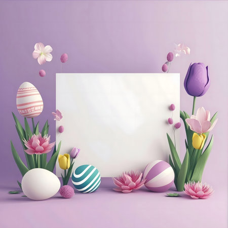 Pastel Easter eggs and flowers surrounding a blank white sign. Perfect for holiday greetings.