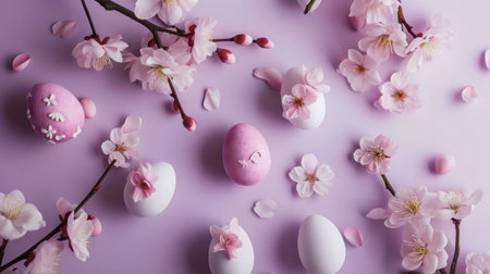 A delightful flatlay of pastel-colored Easter eggs adorned with pink blossoms, creating a charming spring scene.の写真素材