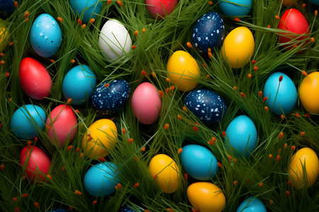 A vibrant collection of painted Easter eggs nestled amongst lush green grass.